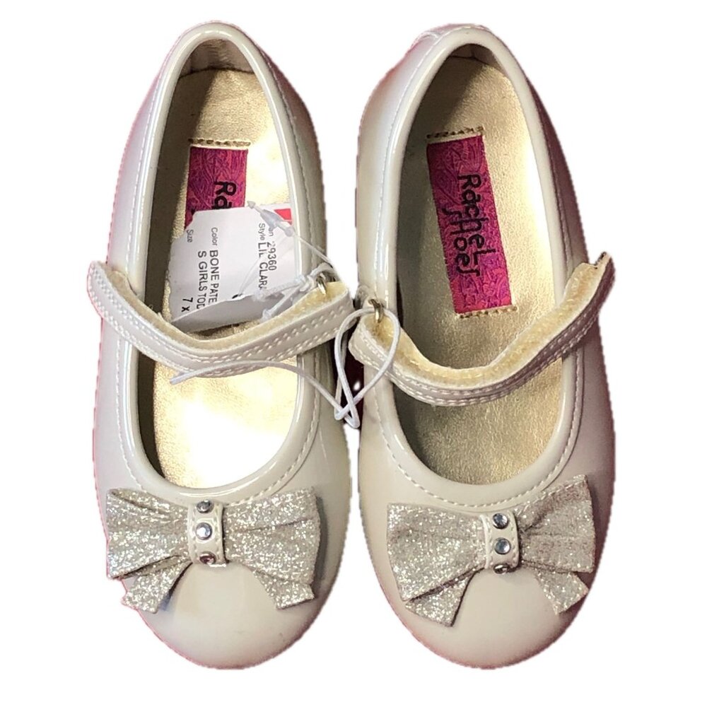 Rachel Shoes Lil Clara Bone Patent Fixed Glitter Bows Toddler Sz 7M NWT